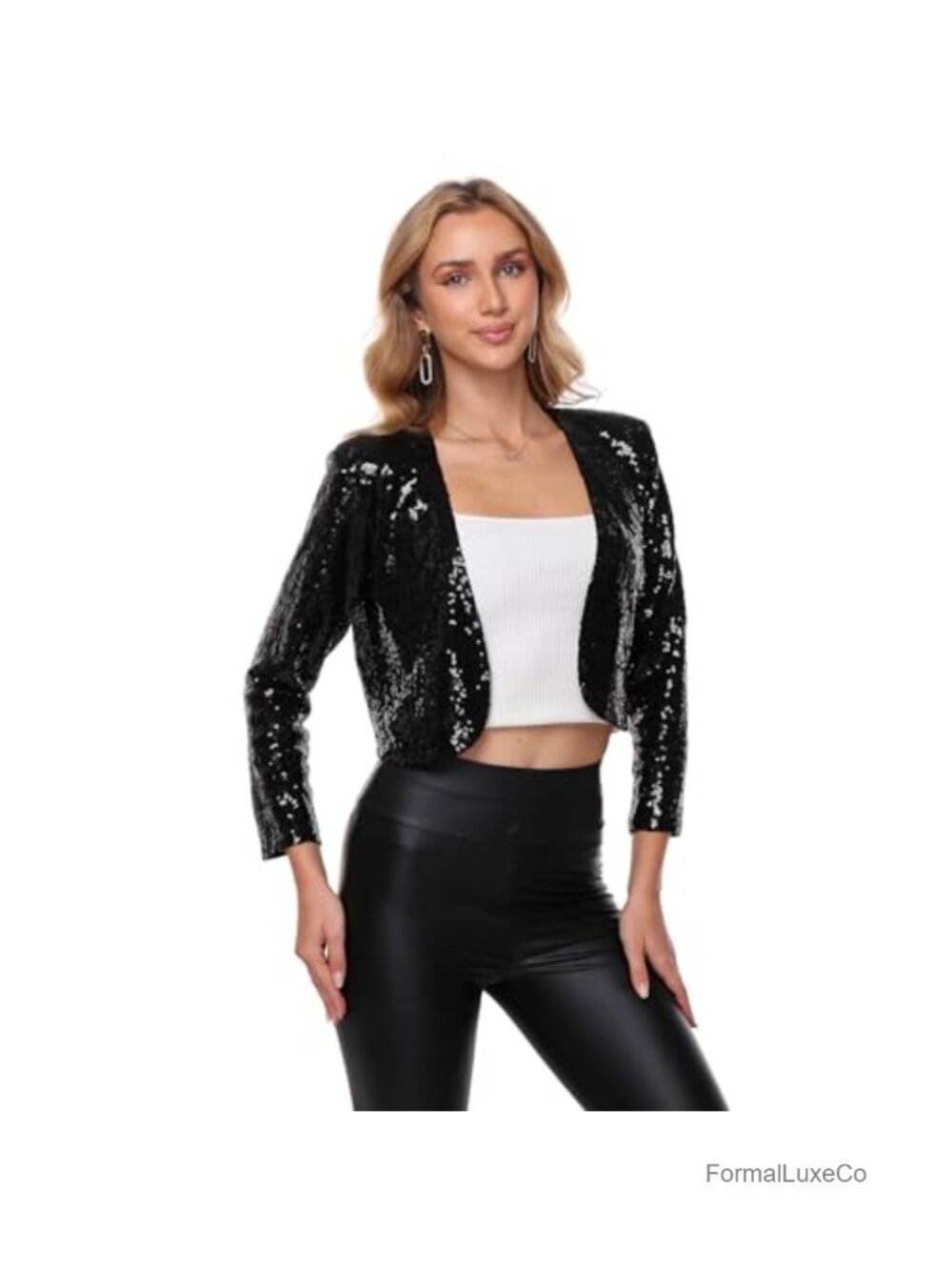 Women's Sequin Shrug Jacket Long Sleeve Open Front Glitter Bolero Cropped